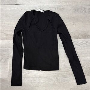 Zara Black Rib-Knit Long Sleeve V-Neck Top